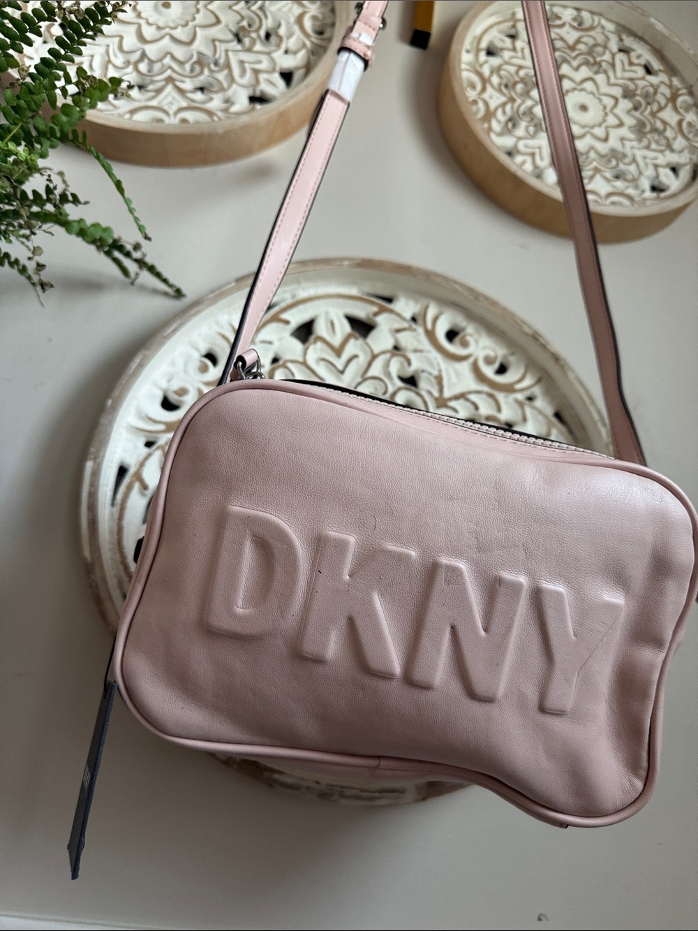 DKNY Pale Pink Embossed Leather Crossbody Bag